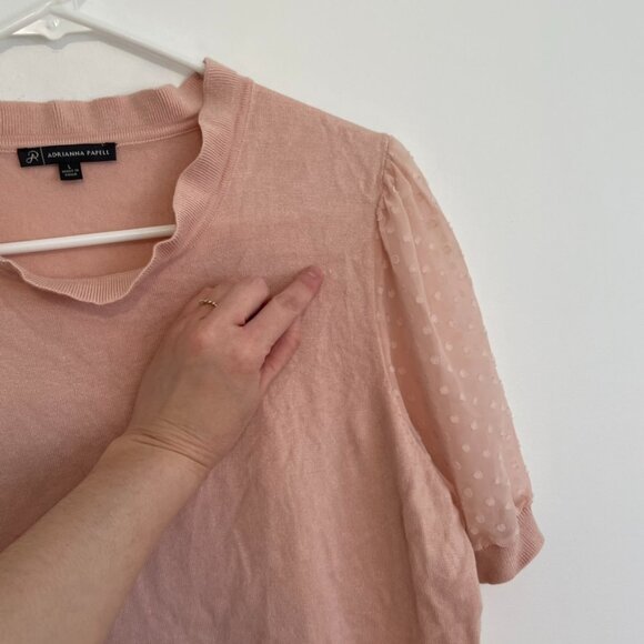 ADRIANNA PAPELL Clip Dot Puff Sleeve Knit Top Blush Pink Short Sleeve Balletcore - Picture 9 of 16
